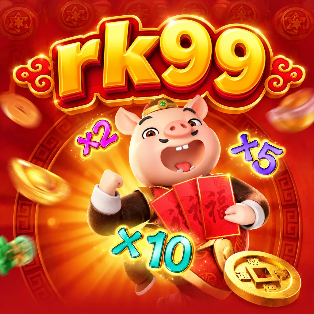 rk99 menampilkan karakter babi pembawa angpau bertema Piggy Gold